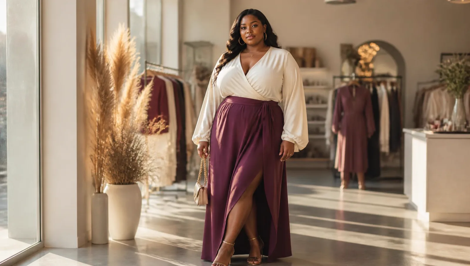 Woman in a plum satin wrap dress inside a sunlit boutique