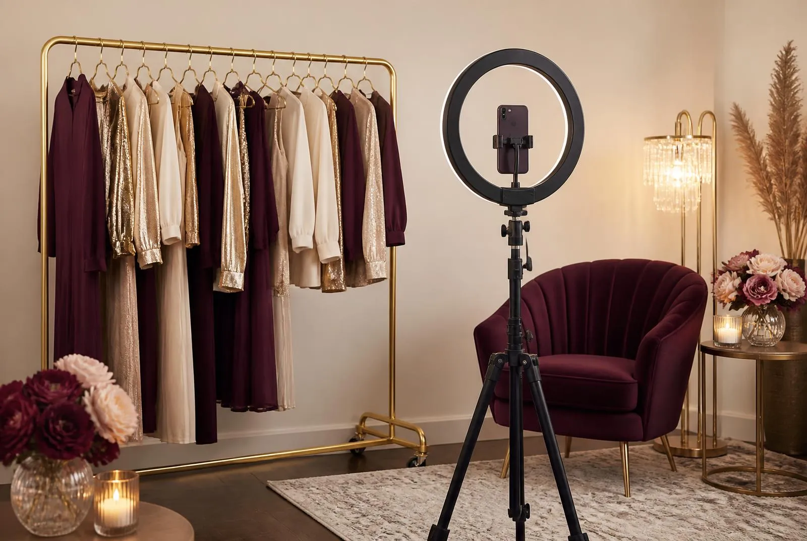 Live shopping show setup with ring light, camera and boutique clothing rack