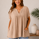 Zenana Taupe Double Gauze Raw Edge V-Neck Top