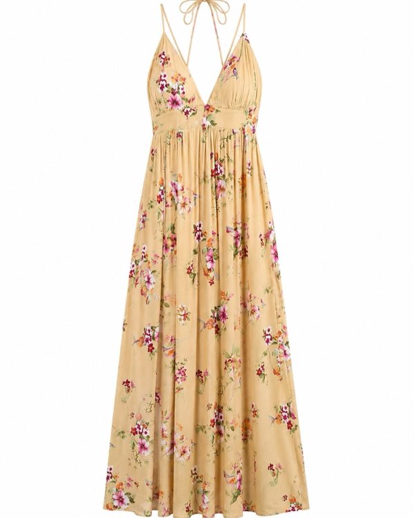 Zenobia Taupe Floral Sleeveless V-Neck Open Back Maxi Dress