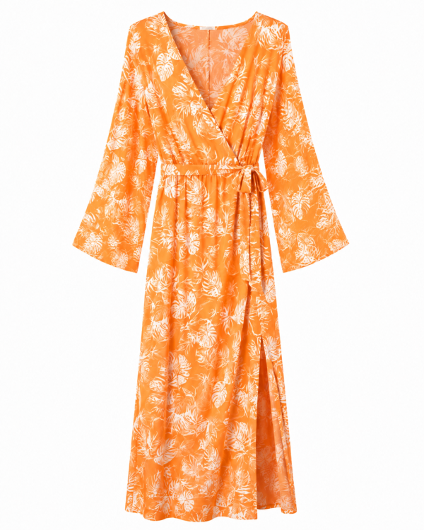 Soul of Curves Tropical Leaf Print Long Sleeve Surplice Self-Tie Side Slit Maxi Dress