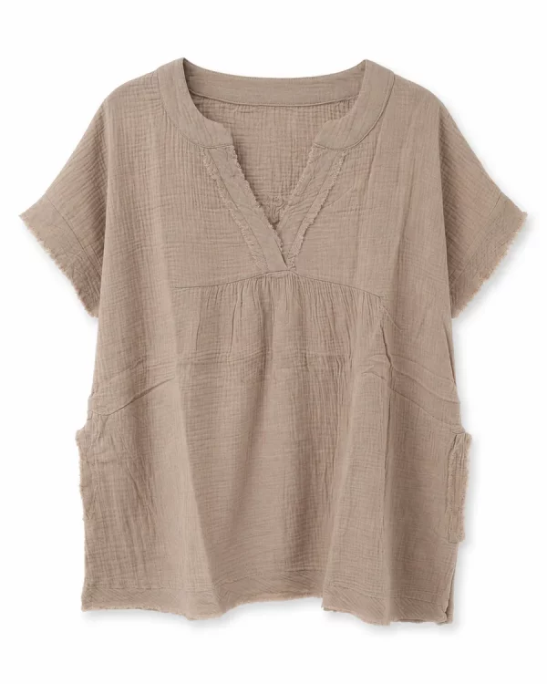 Zenana Taupe Double Gauze Raw Edge V-Neck Top