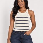 Zenana Ivory & Navy Striped Textured Sleeveless Tank Top
